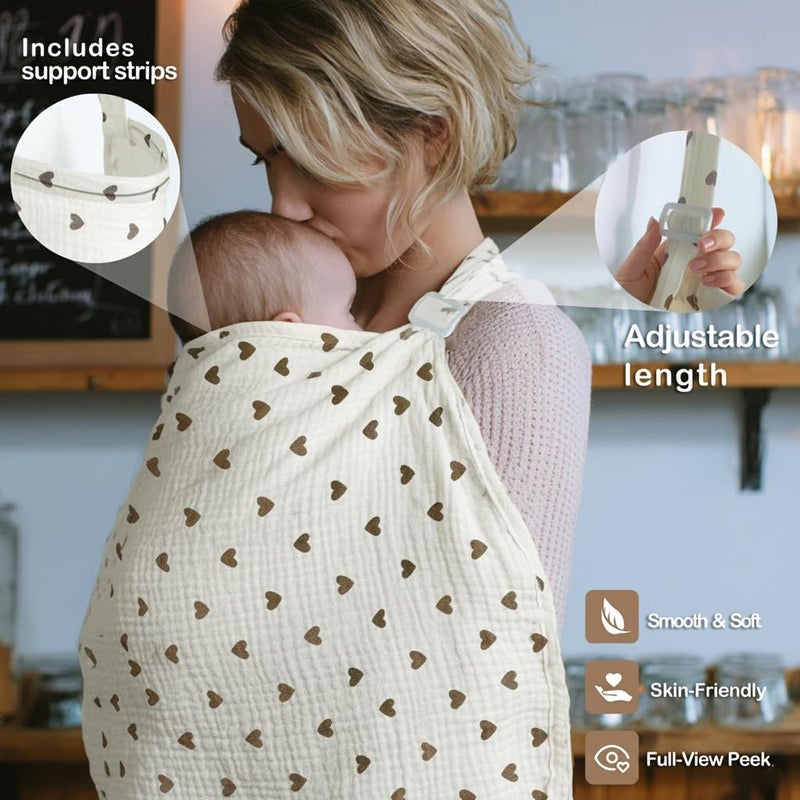 MUGVELL Muslin Nursing Covers for Breastfeeding, Arch Neckline Breast Feeding Covers for Women, Moms Privacy Breathable Summer Nursing Apron, 43.3" x 25.6" Soft Feeding Cover (Beige Sweet Khaki Heart) - Image 4